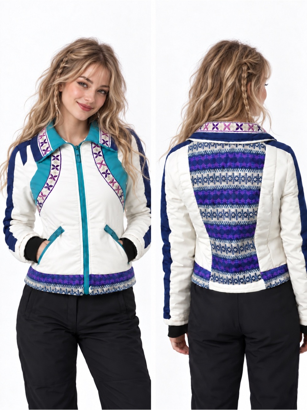SUGARFLY Senna Patchwork Sweater Knit Nylon Puffer Jacket Coat White Teal Purple